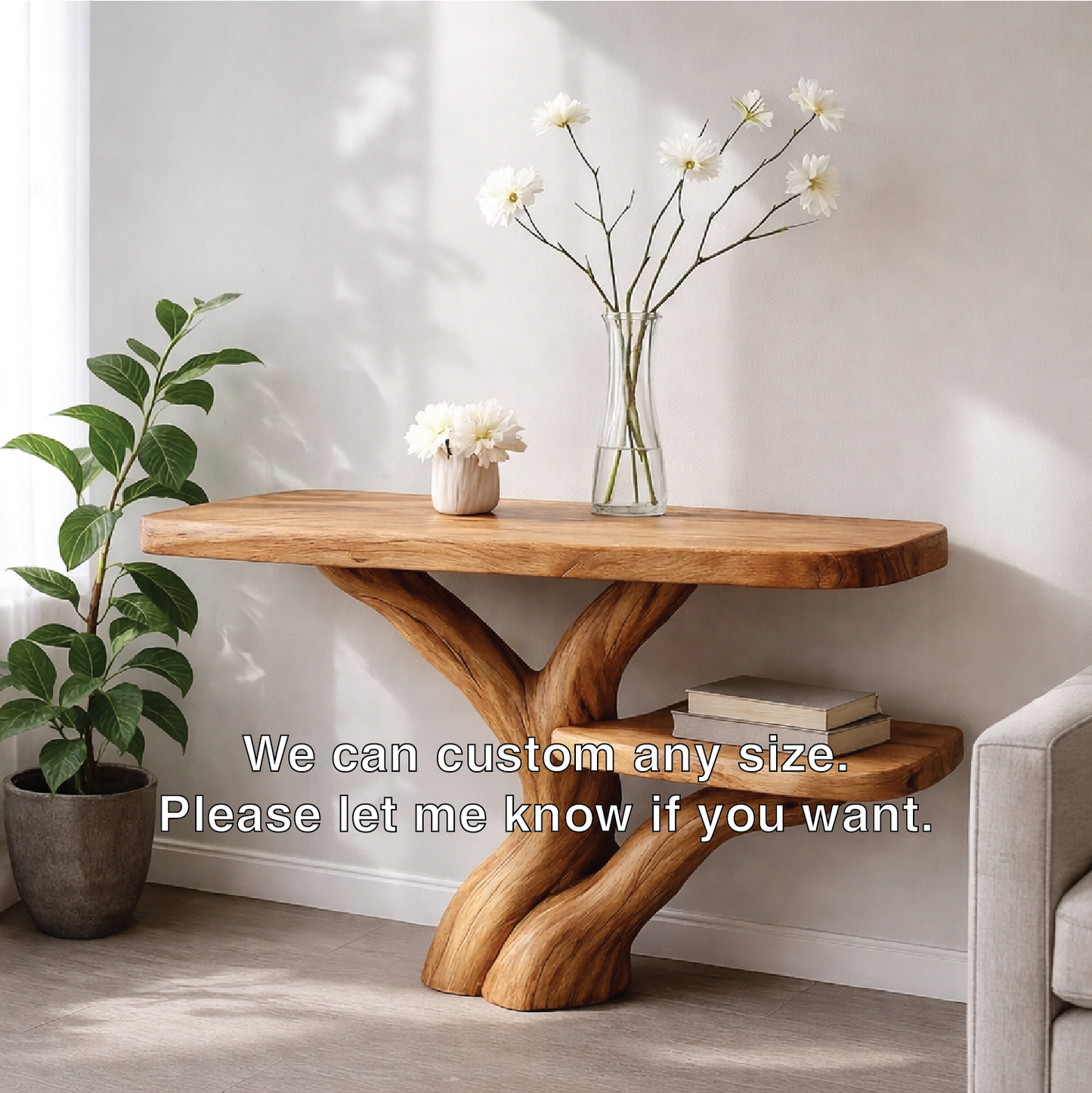 Handcrafted Tree Console Table – Solid Wood Entryway Table with Natural Root Design and Floating Shelf