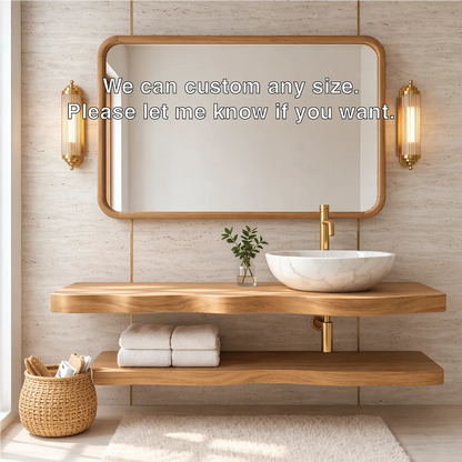 Natural Wood Floating Vanity with Curved Design, Shelf Storage, and Ceramic Sink Kitchnce