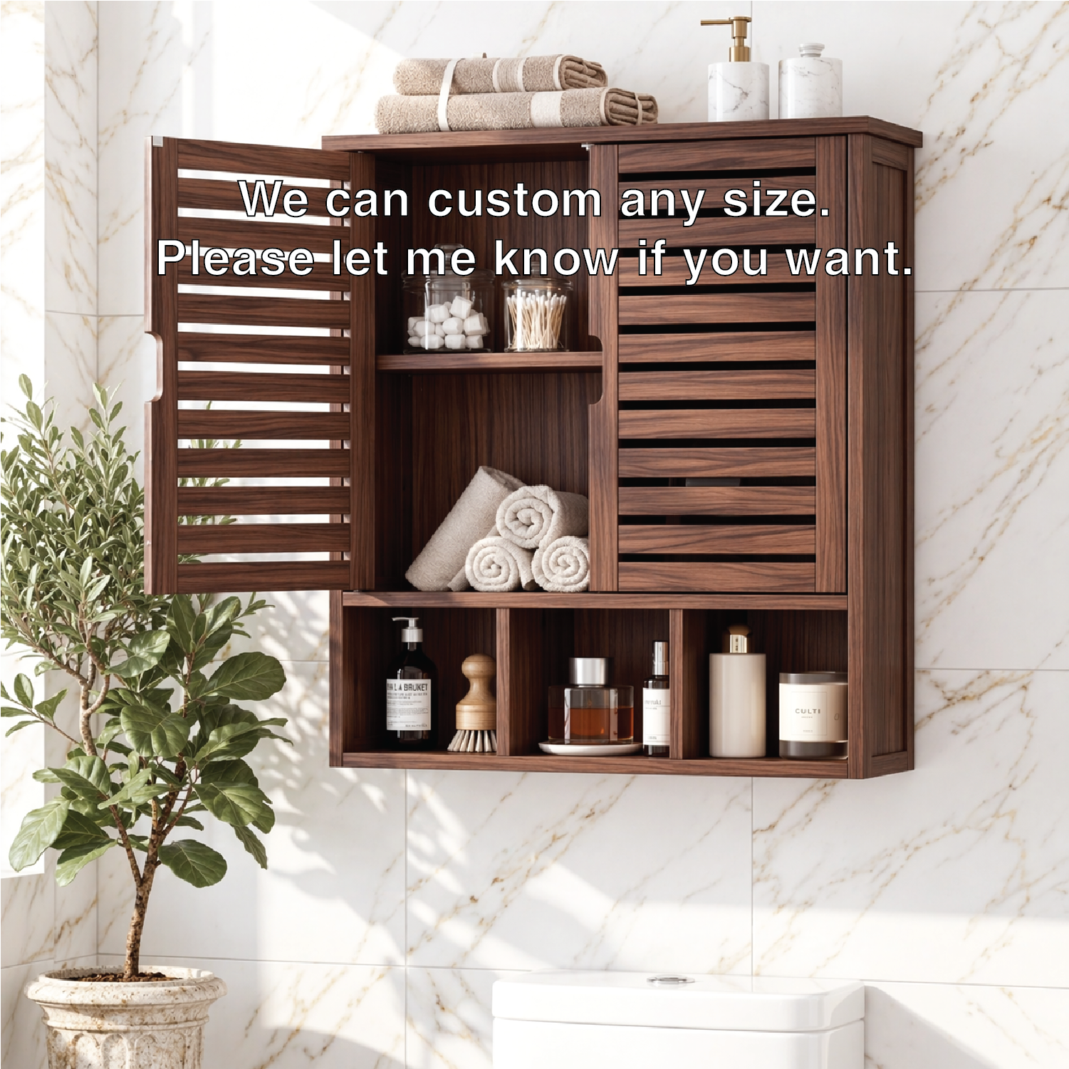 Floating Bathroom Cabinet, Wall-Mounted Slatted Vanity Storage Organizer Shelf Unit