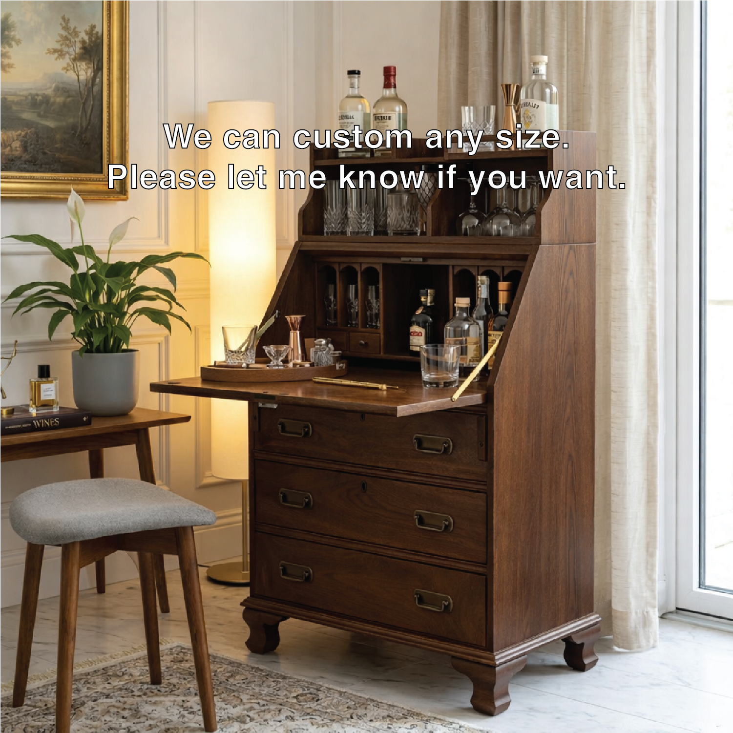 Mid Century Bar Cabinet, Fold-Down Cocktail Console with Glassware Bottle Storage