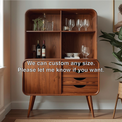 Handcrafted Solid Wood Wine Cabinet Mid Century Bar Storage with Shelves and Drawers