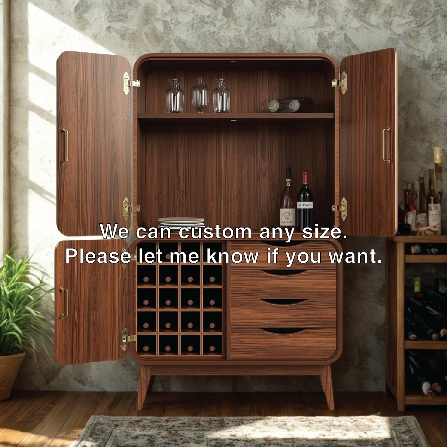 Handcrafted Solid Wood Wine Cabinet Mid Century Bar Storage with Drawers and Bottle Grid