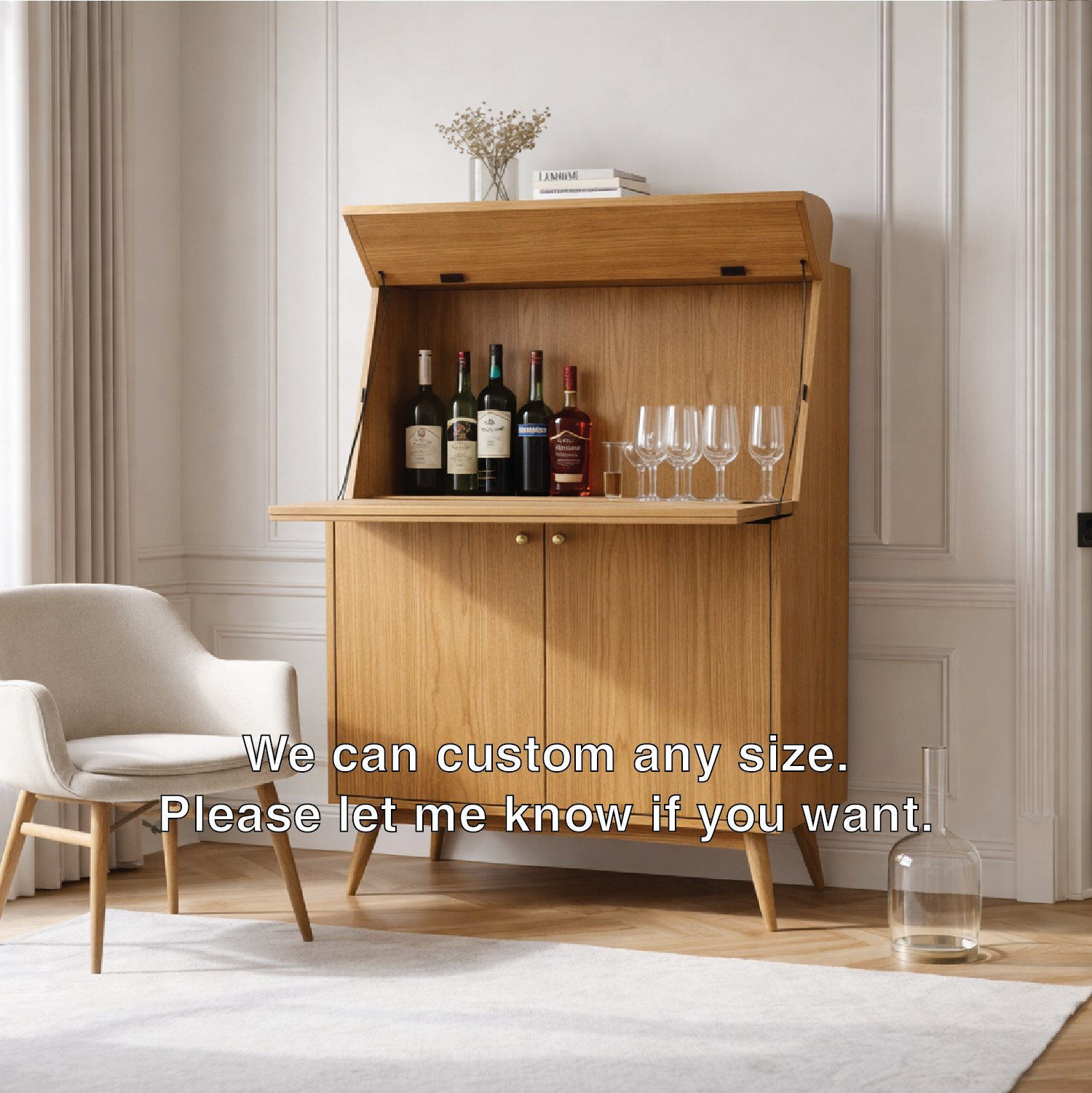 Handcrafted Solid Wood Wine Cabinet with Drop Down Bar and Storage