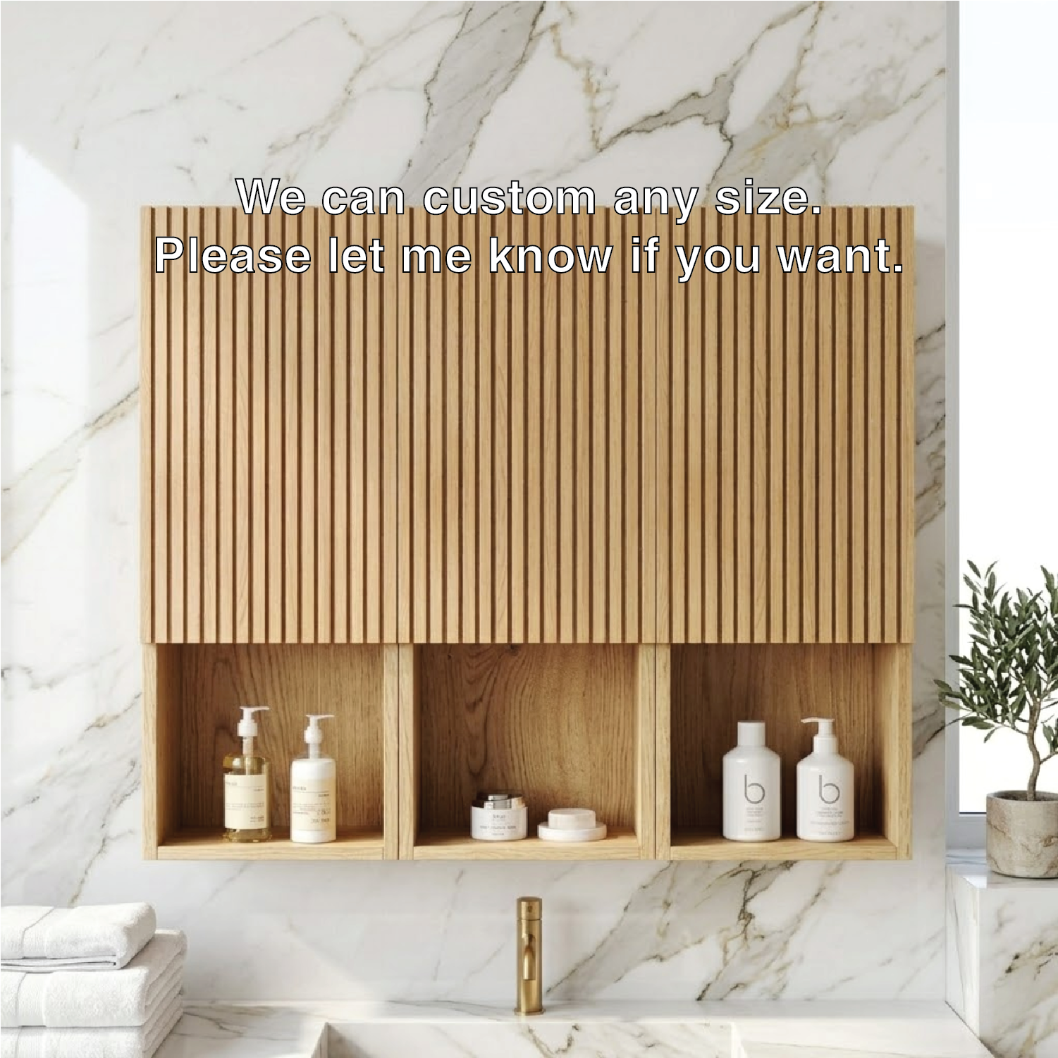 Floating Bathroom Cabinet, Modern Slatted Wall Mounted Vanity Storage Organizer Unit