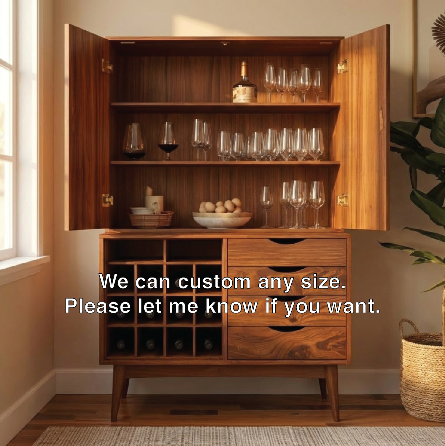 Handcrafted Solid Wood Wine Cabinet Mid Century Bar Storage with Drawers and Bottle Rack