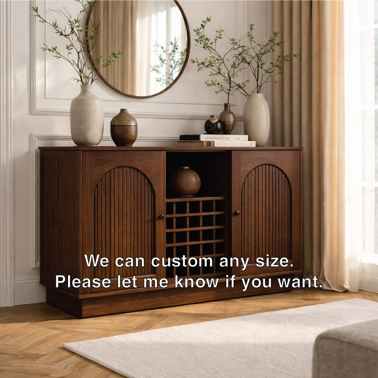 Arched Slatted Wood Wine Cabinet with Bottle Rack Modern Bar Storage