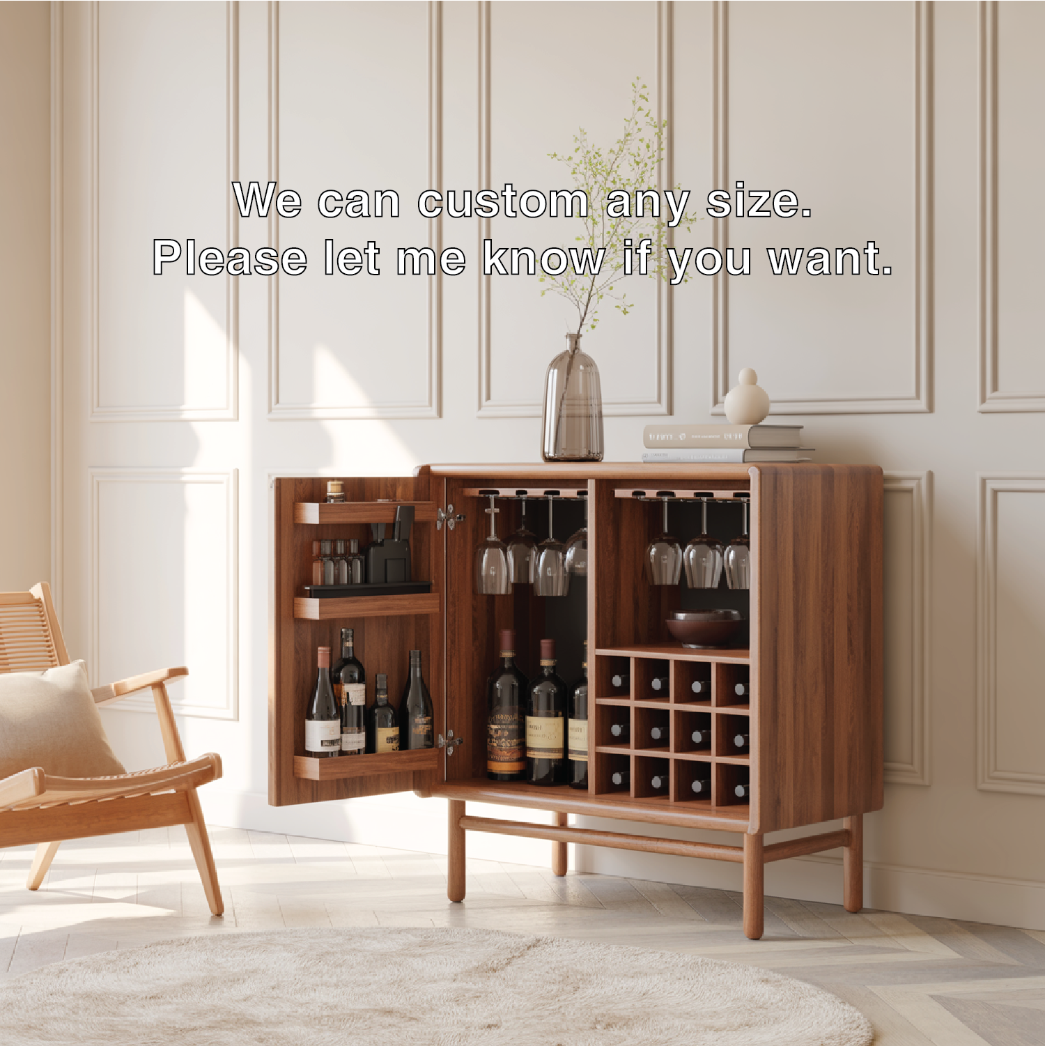 Handcrafted Solid Wood Wine Cabinet Mid Century Bar with Glass Rack and Bottle Storage