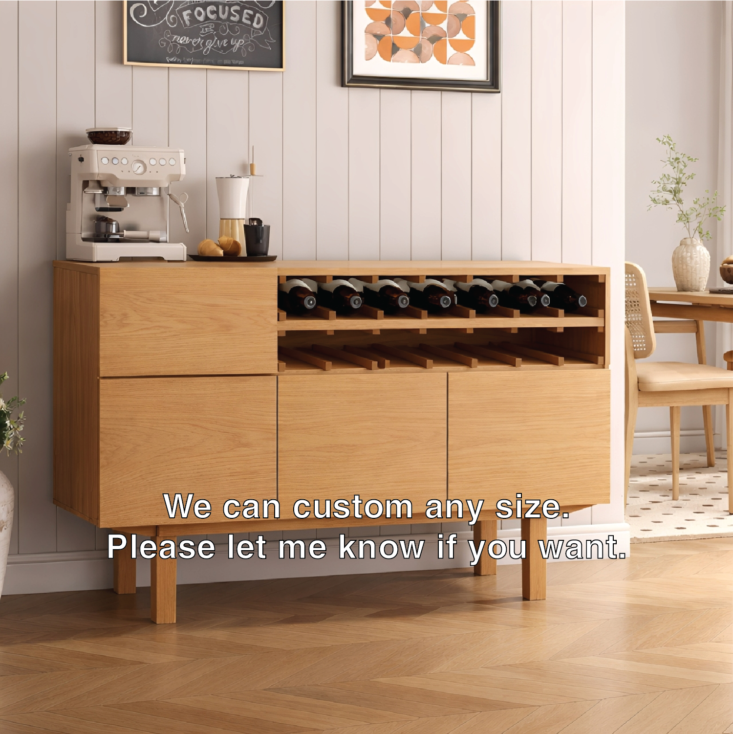 Handcrafted Solid Oak Wine Cabinet Mid Century Bar Sideboard with Bottle Rack Storage