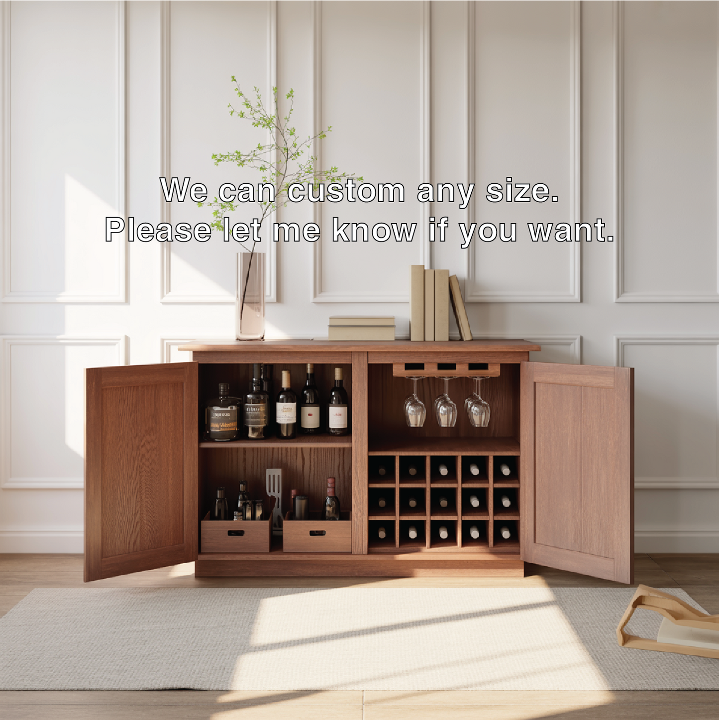 Handcrafted Solid Wood Wine Cabinet Sideboard with Glass Rack Mid Century Bar Storage