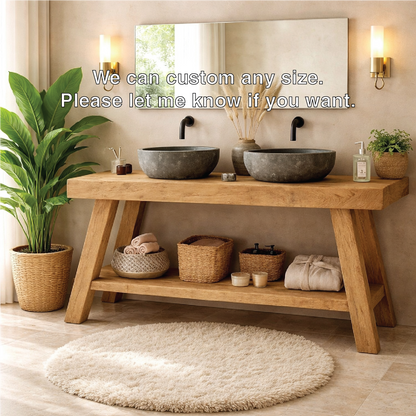 Rustic Double Sink Bathroom Vanity with Shelves Wooden Vanity Base Kitchnce
