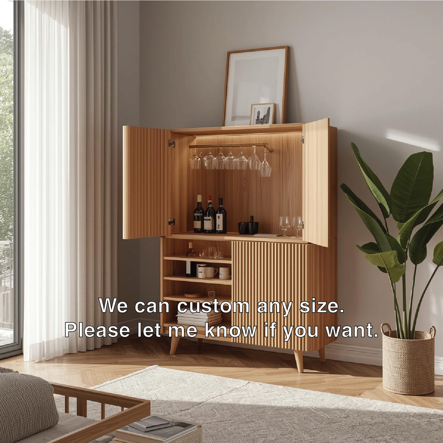 Handcrafted Solid Wood Wine Cabinet Ribbed Door Scandinavian Bar Storage with Glass Rack Display