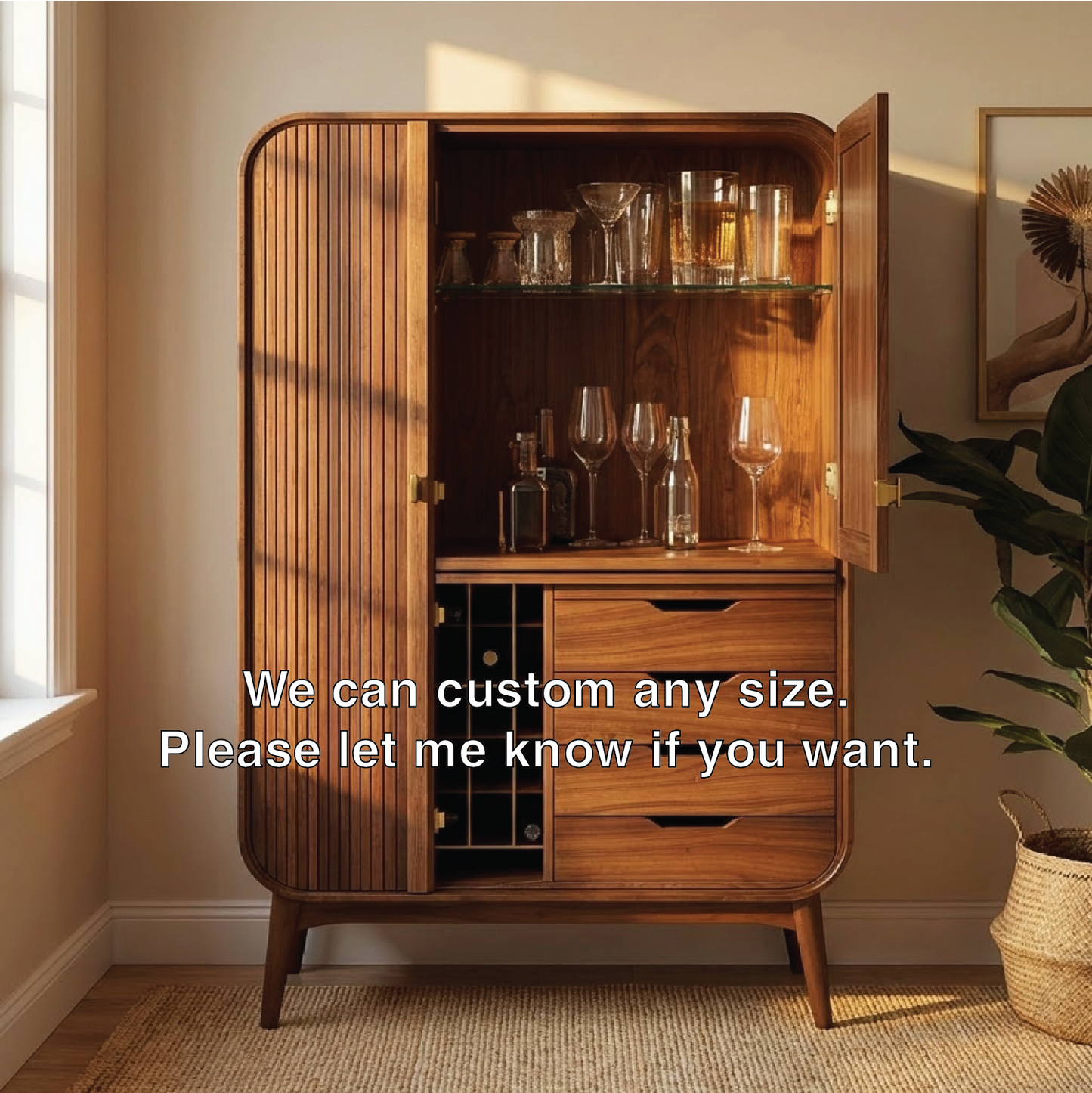 Handcrafted Solid Wood Wine Cabinet Ribbed Door Mid Century Bar Storage with Drawers