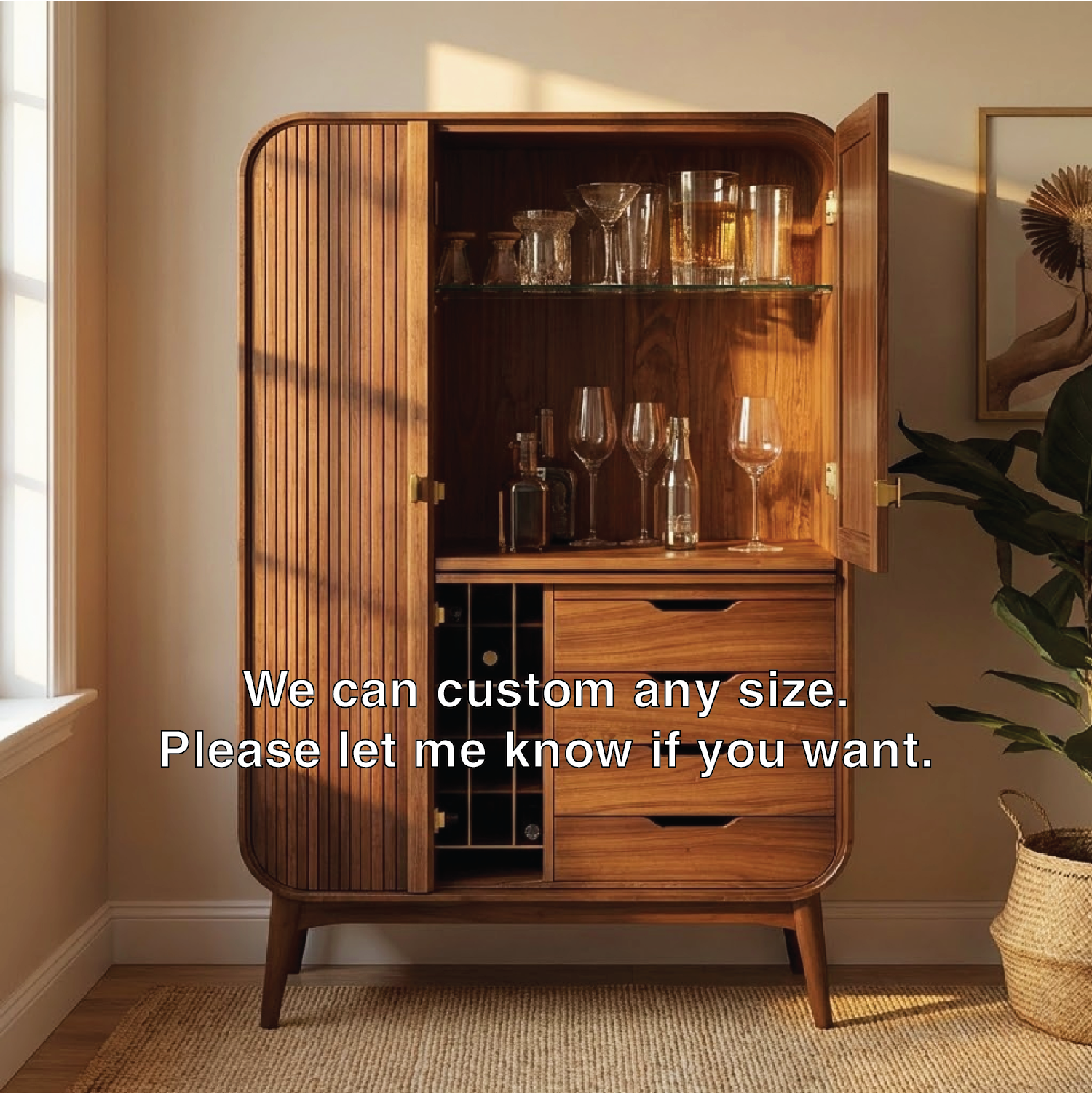 Handcrafted Solid Wood Wine Cabinet Ribbed Door Mid Century Bar Storage with Drawers