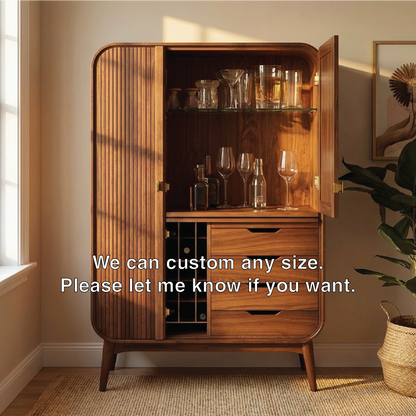 Handcrafted Solid Wood Wine Cabinet Ribbed Door Mid Century Bar Storage with Drawers