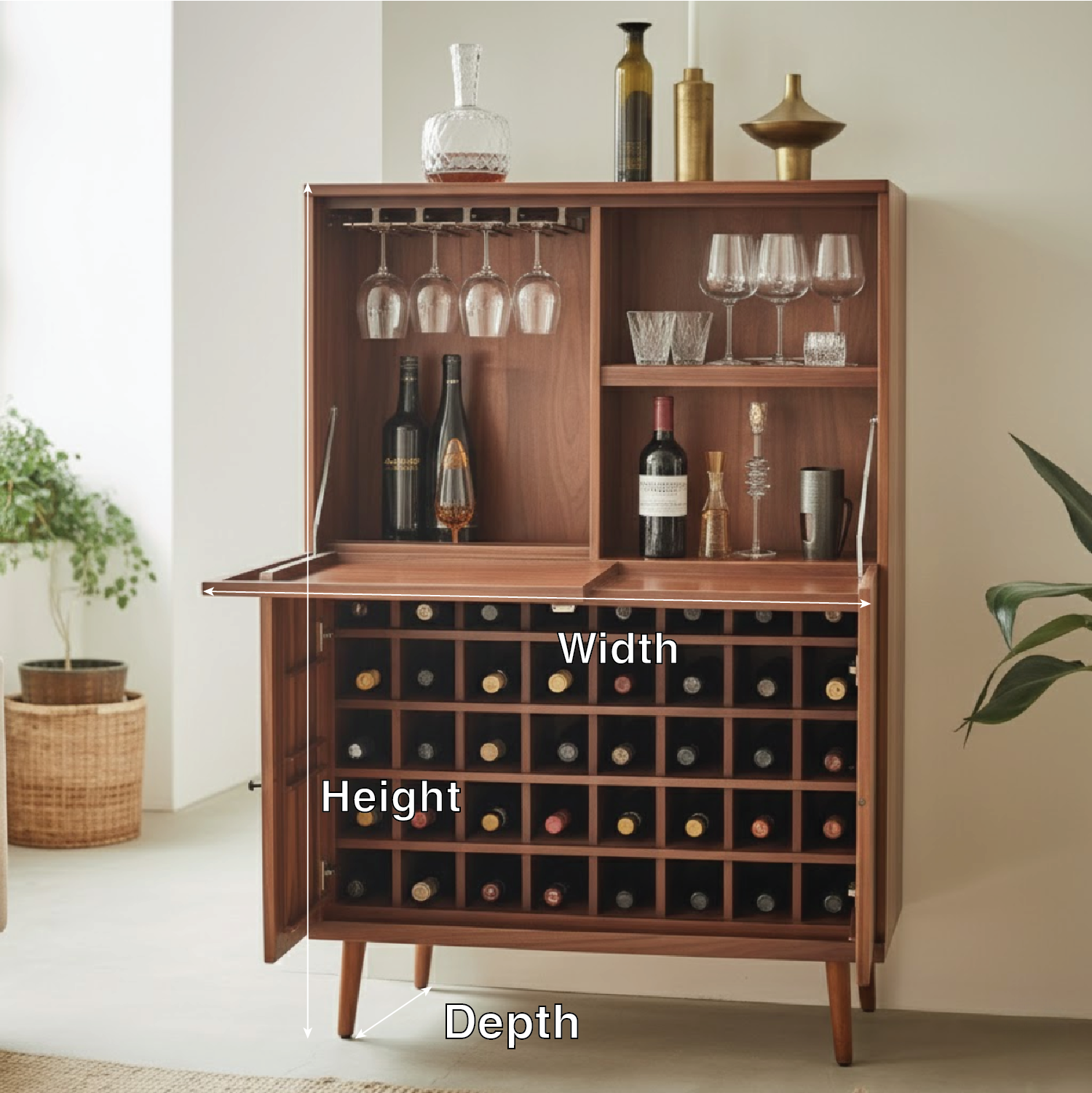 Handcrafted Solid Wood Wine Cabinet Mid Century Modern Bar Storage with Glass Holder Home Furniture