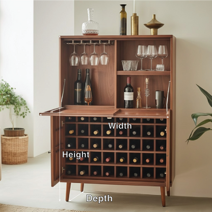 Handcrafted Solid Wood Wine Cabinet Mid Century Modern Bar Storage with Glass Holder Home Furniture
