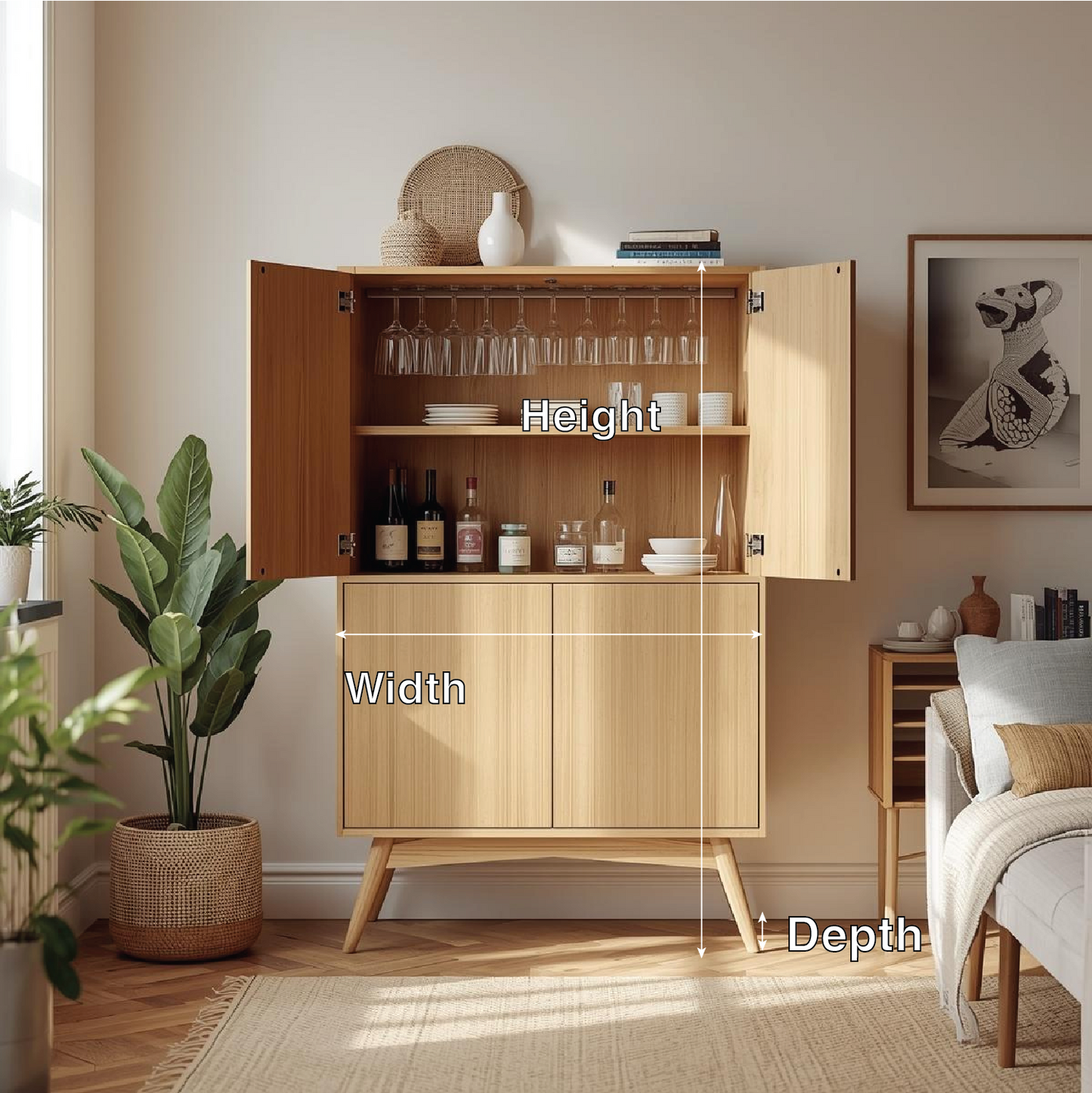 Handcrafted Solid Wood Wine Cabinet Scandinavian Bar Storage with Glass Rack Home Furniture