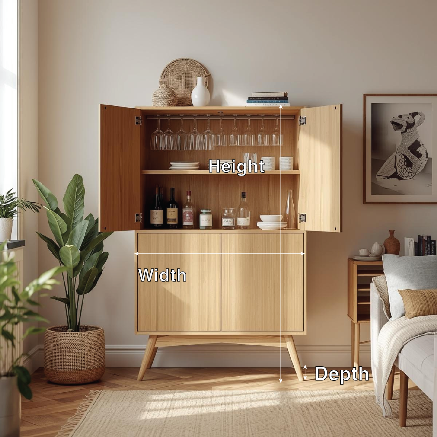 Handcrafted Solid Wood Wine Cabinet Scandinavian Bar Storage with Glass Rack Home Furniture