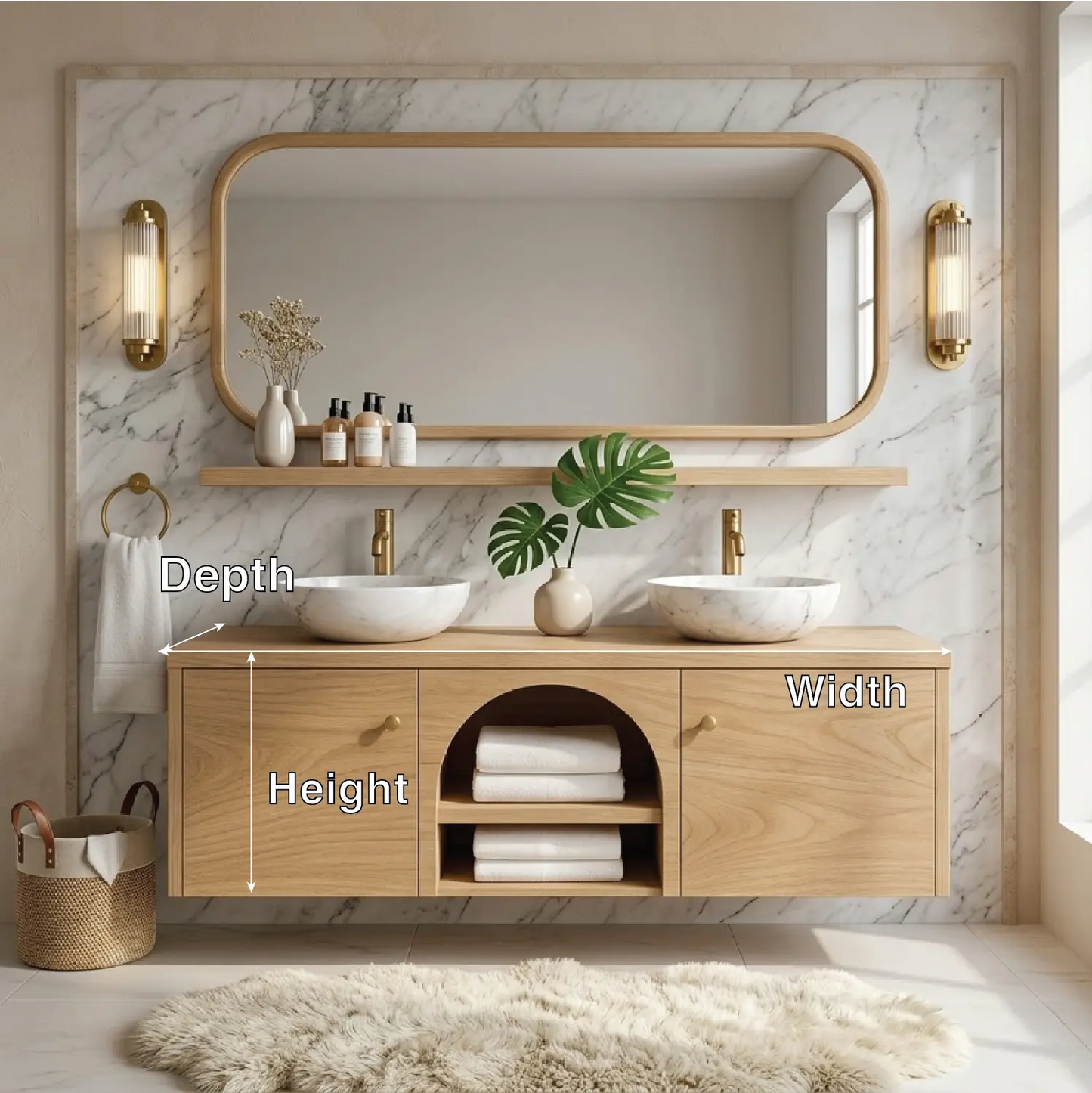 Double Sink Floating Vanity with Wooden Base and Elegant Gold Fixtures Kitchnce