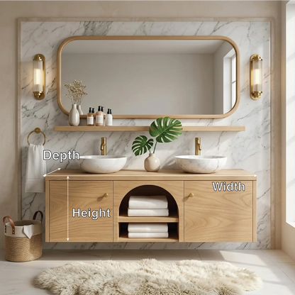 Double Sink Floating Vanity with Wooden Base and Elegant Gold Fixtures Kitchnce