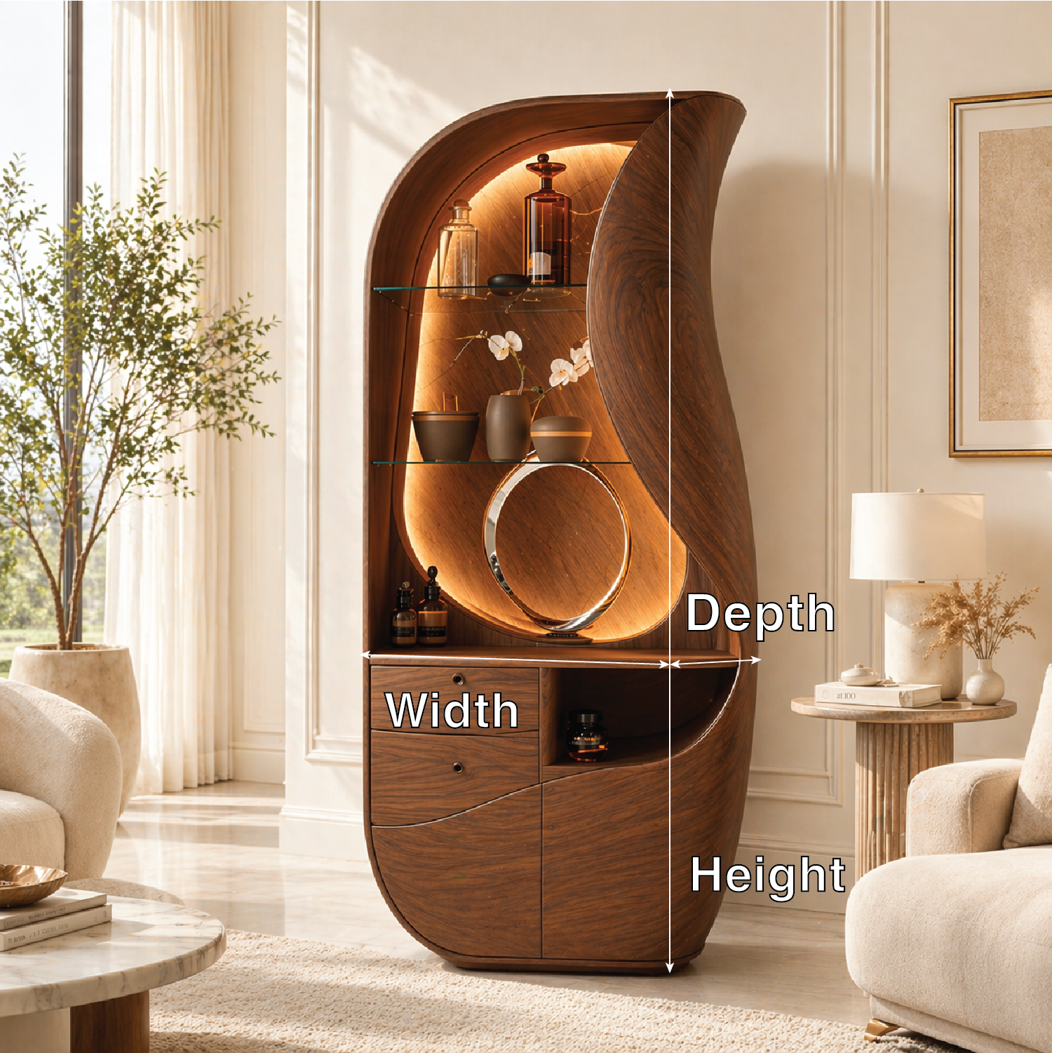 Sculptural Bar Cabinet Modern Display Shelves Accent Storage Cabinet Statement Furniture