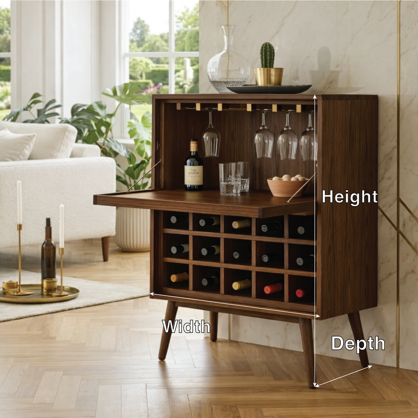 Modern Wine Cabinet with Fold Down Bar Shelf and Bottle Storage Rack