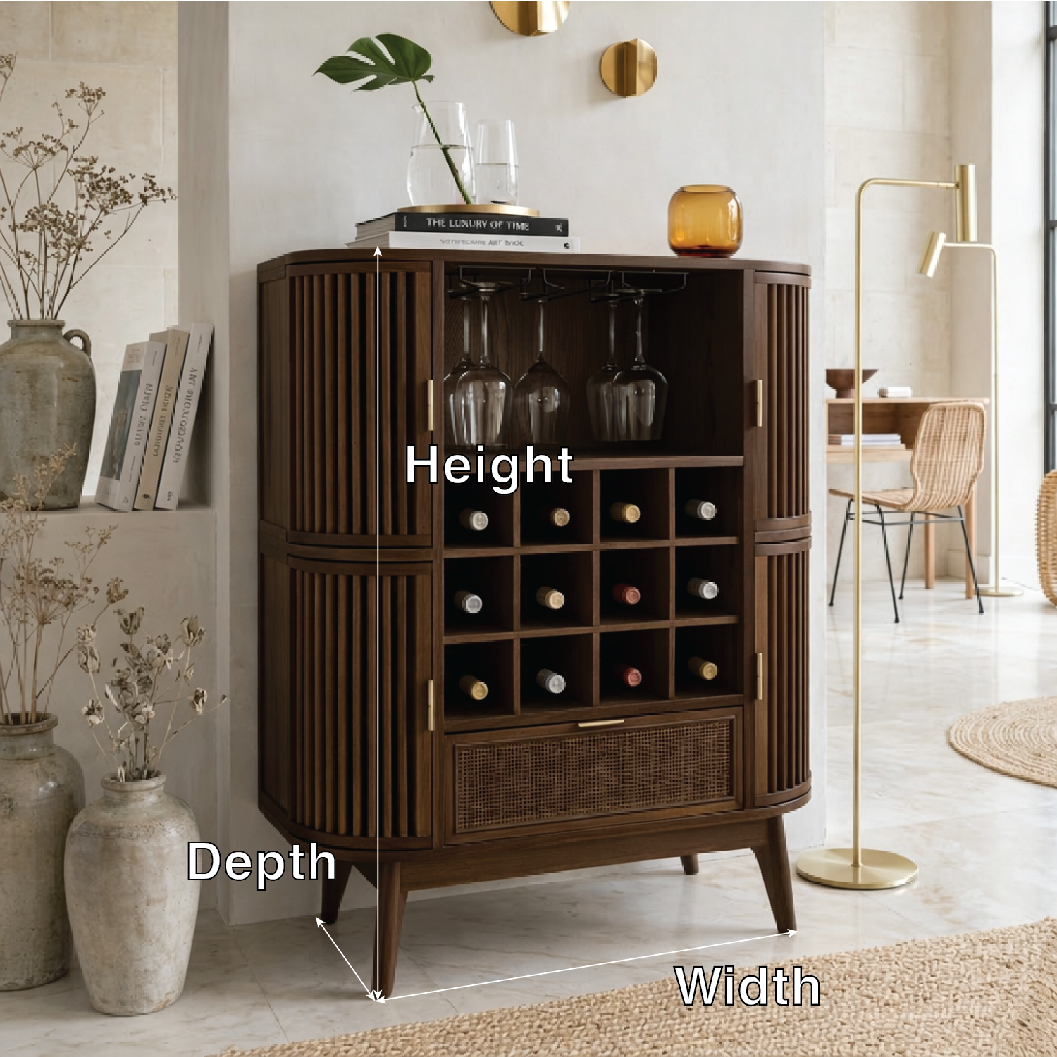 Contemporary Wooden Bar Cabinet, Fluted Entertaining Console with Glassware Storage
