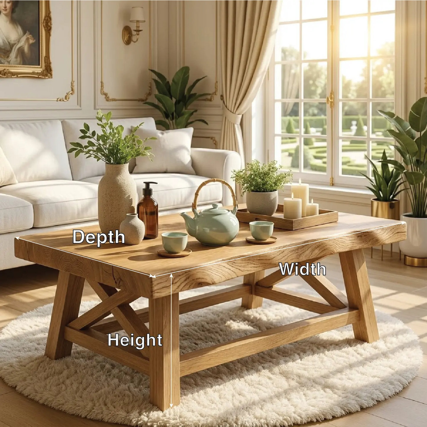 Handcrafted Wooden Coffee Table with X-Shaped Support, Natural Rustic Finish Kitchnce