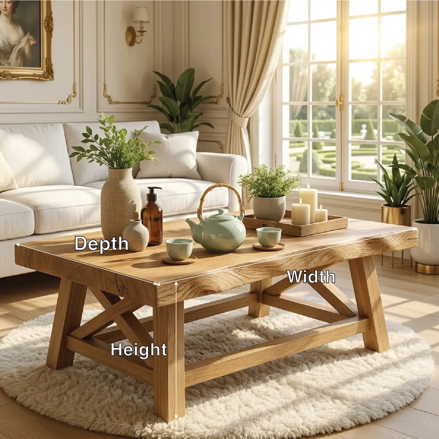 Handcrafted Wooden Coffee Table with X-Shaped Support, Natural Rustic Finish Kitchnce