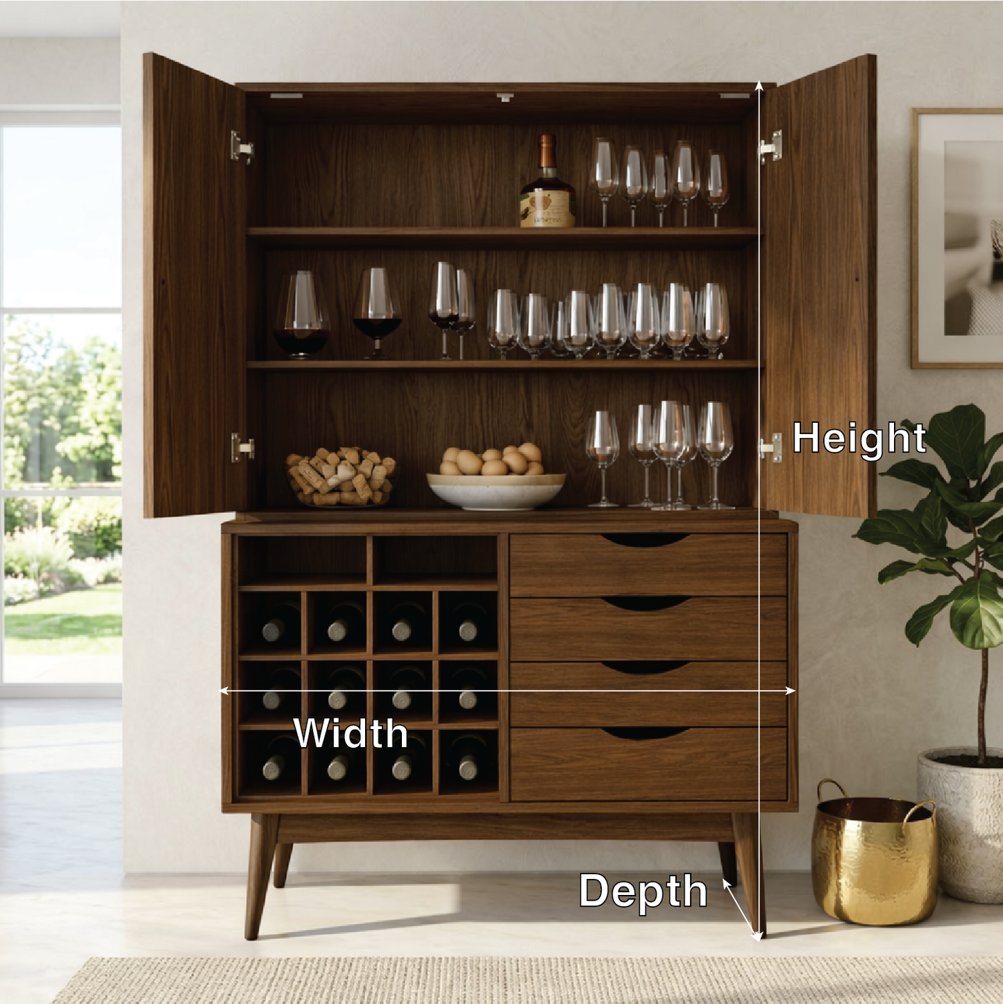 Modern Wine Bar Cabinet with Glass Storage, Bottle Rack and Drawer Organizer