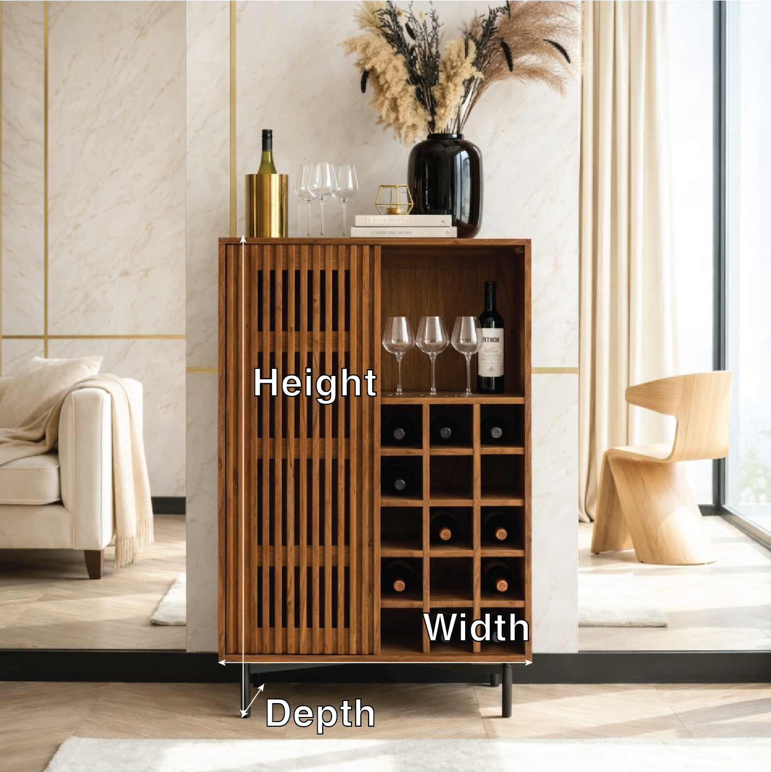 Premium Modern Fluted Wooden Bar Cabinet, Wine Storage Glassware Display Console