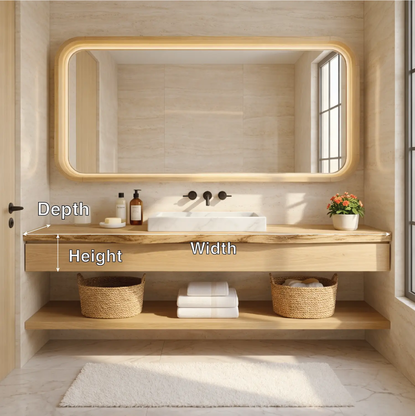Natural Wood Floating Vanity with Round Mirror and Black Faucets Kitchnce