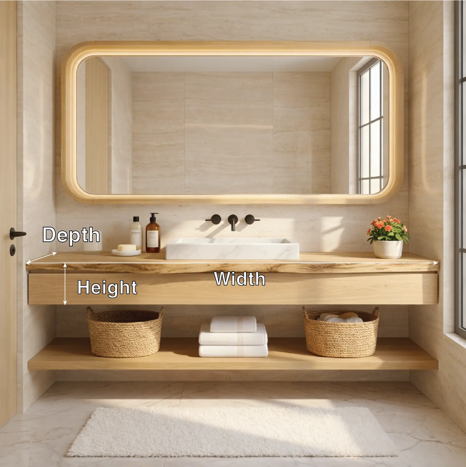 Natural Wood Floating Vanity with Round Mirror and Black Faucets Kitchnce