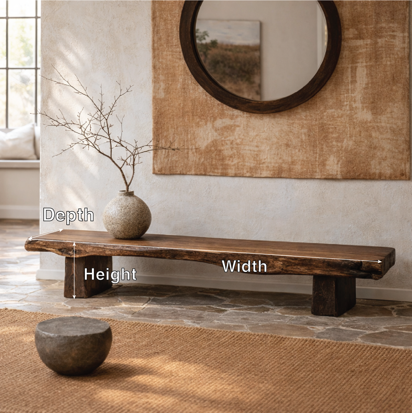 Live Edge Solid Wood Bench, Rustic Organic Entryway Seating