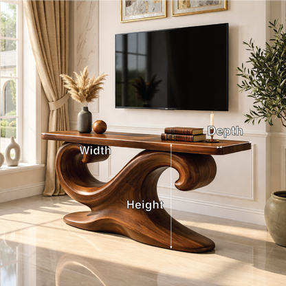 Solid Wood Console Table with Sculpted Curved Base, Artistic Modern Design