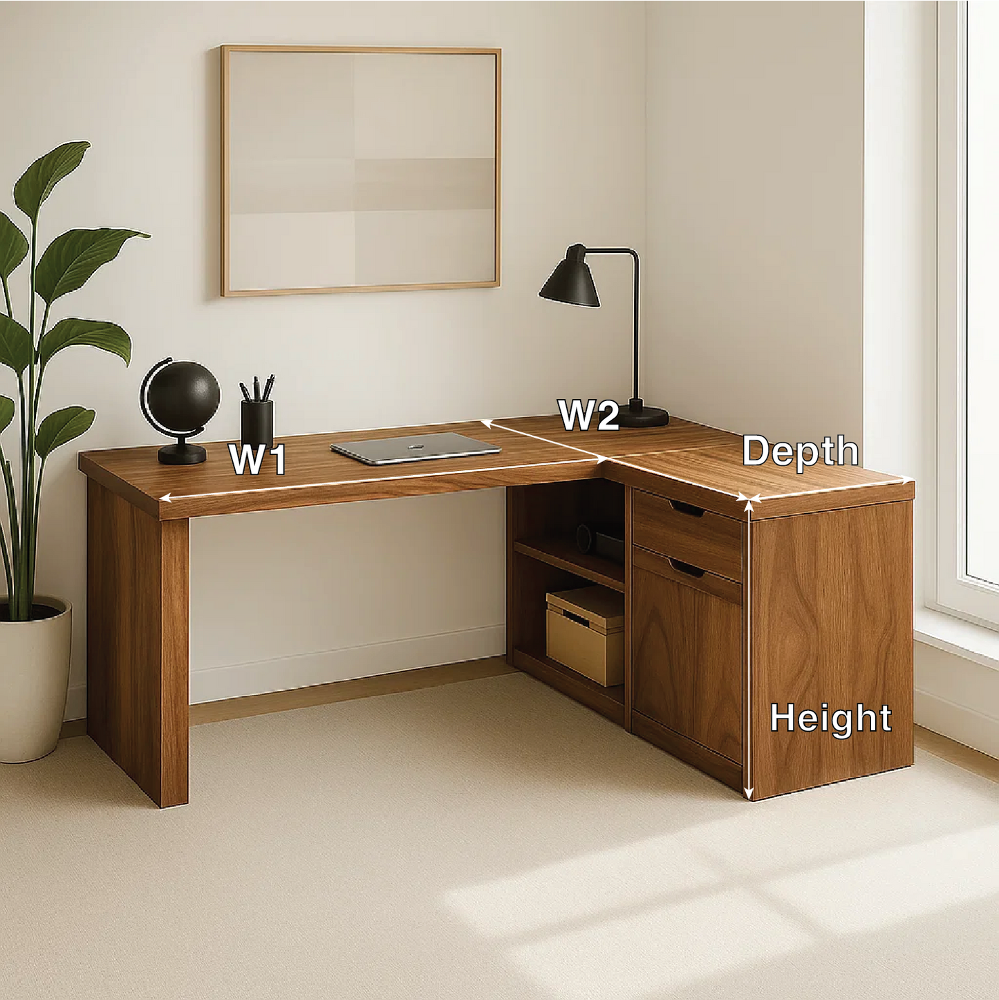 L-Shaped Walnut Desk with Storage – Corner Workspace Solution