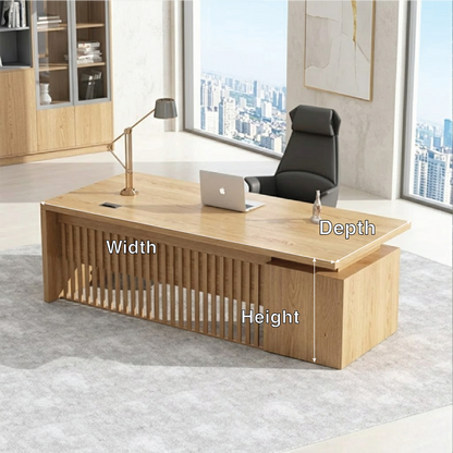 Modern Executive Desk with Slatted Panel Base, Minimalist Home Office Workstation Desk