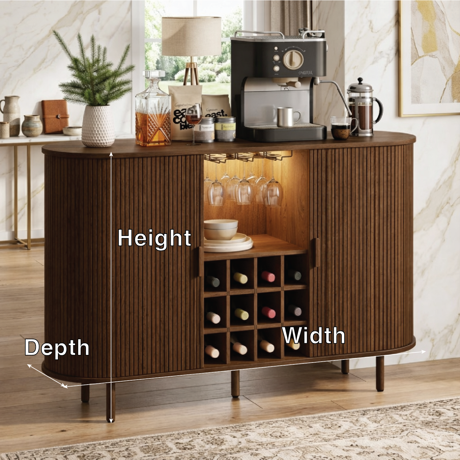 Contemporary Fluted Wooden Bar Cabinet, Coffee Station Sideboard with Wine Storage