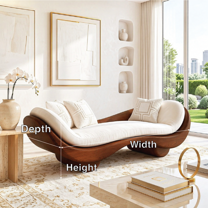 Organic Modern Wooden Chaise Lounge, Sculptural Minimalist Sofa with Cream Cushion