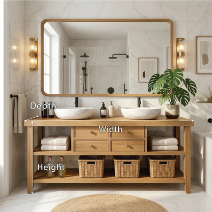 Modern Wooden Bathroom Vanity with Dual Marble Sinks and Ample Storage Kitchnce