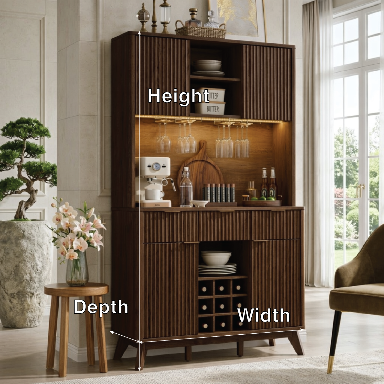 Tall Contemporary Fluted Wooden Bar Cabinet, Coffee-Station Hutch with Wine Storage