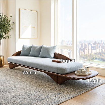 Sculptural Curved Upholstered Daybed With Side Tray, Blue Cushions, Lounge Bench