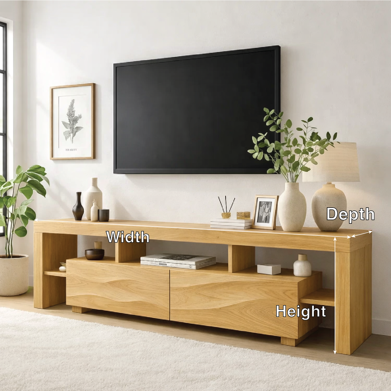Modern Wave Front Wood TV Stand Long Media Console With Open Shelves Entertainment Center Kitchnce