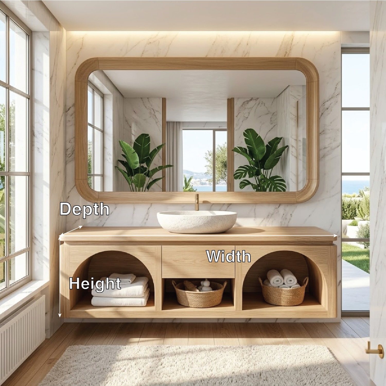 Modern Solid Wood Floating Vanity with Arched Shelves and Natural Finish Kitchnce