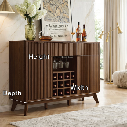 Contemporary Fluted Wooden Bar Cabinet, Wine Storage Sideboard with Glassware Rack