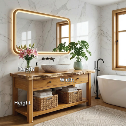 Modern Wooden Bathroom Vanity with Marble Sink and LED Mirror Kitchnce