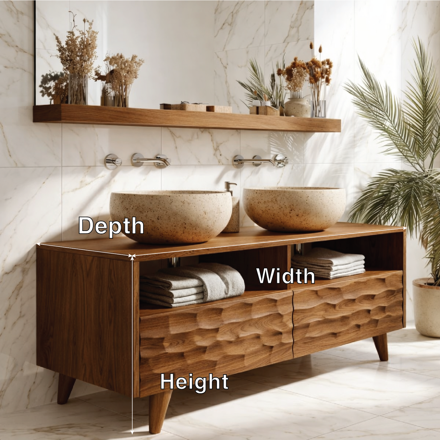 Modern Solid Wood Double Bathroom Vanity with Open Storage and Textured Drawers
