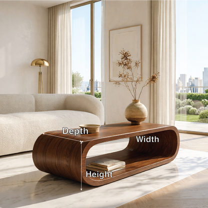 Modern Curved Coffee Table with Open Shelf for Contemporary Minimalist Interiors