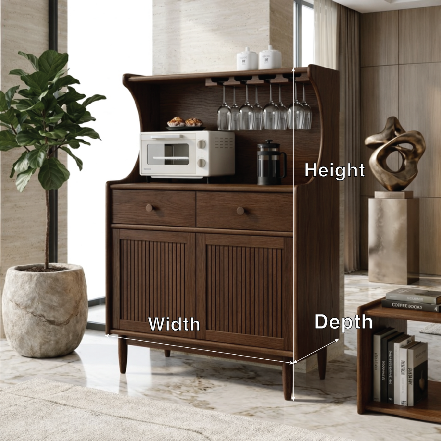 Contemporary Fluted Wooden Coffee-Bar Cabinet, Glassware Storage Entertaining Hutch