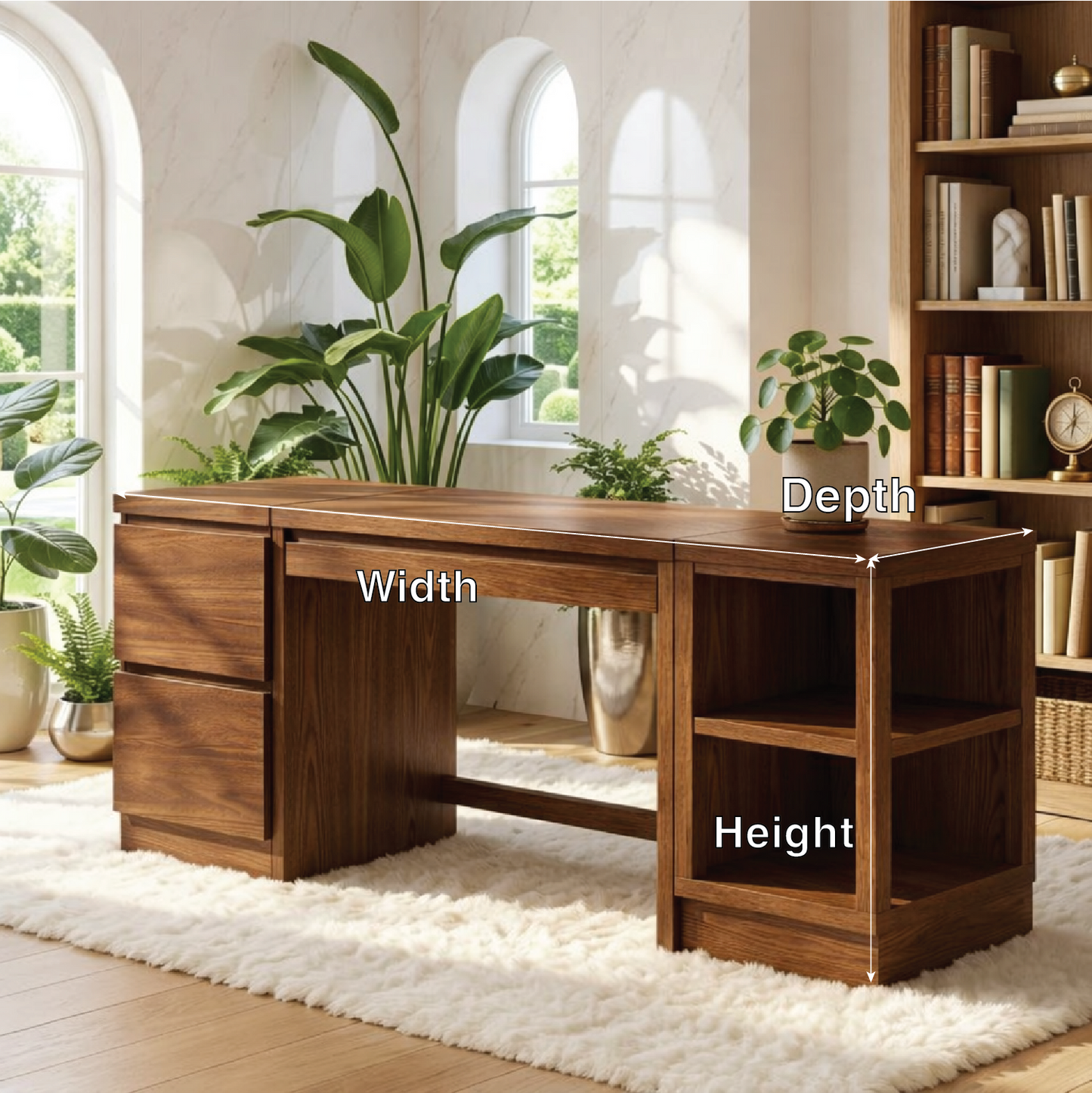 Modern Executive Desk with Storage Cabinet and Shelves Home Office Work Table Design